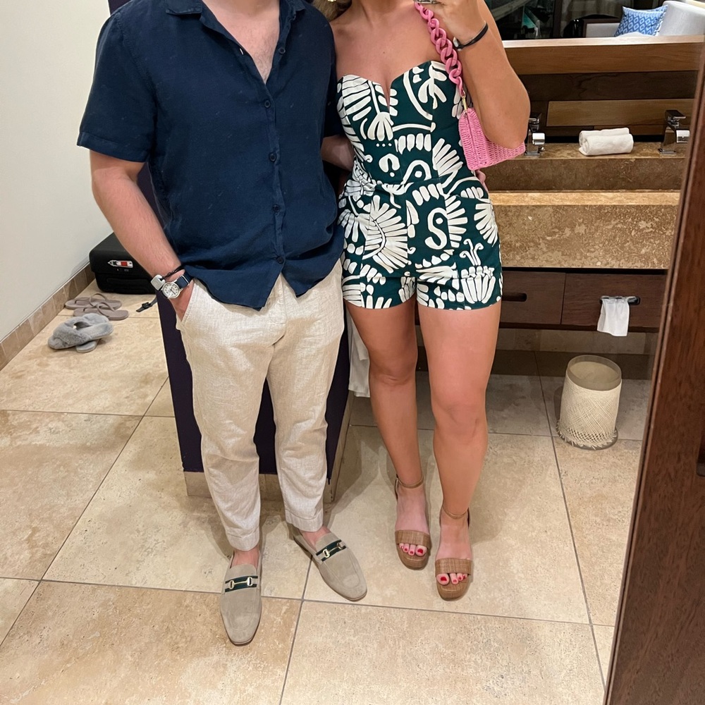 H&M Conscious Green and White tropical Strapless Romper